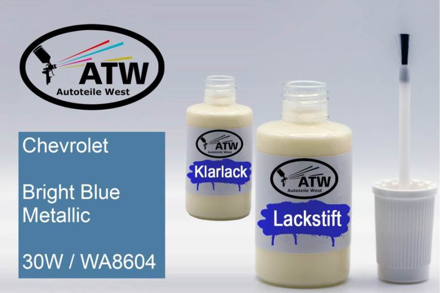 Chevrolet, Bright Blue Metallic, 30W / WA8604: 20ml Lackstift + 20ml Klarlack - Set, von ATW Autoteile West.